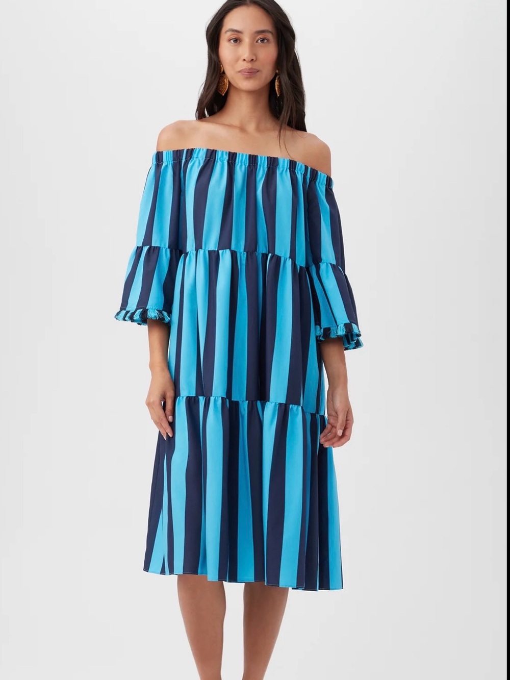 NWT Trina Turk Turquoise and Navy Off-Shoulder Striped Tiered Beach Dress, XL - Picture 2 of 8